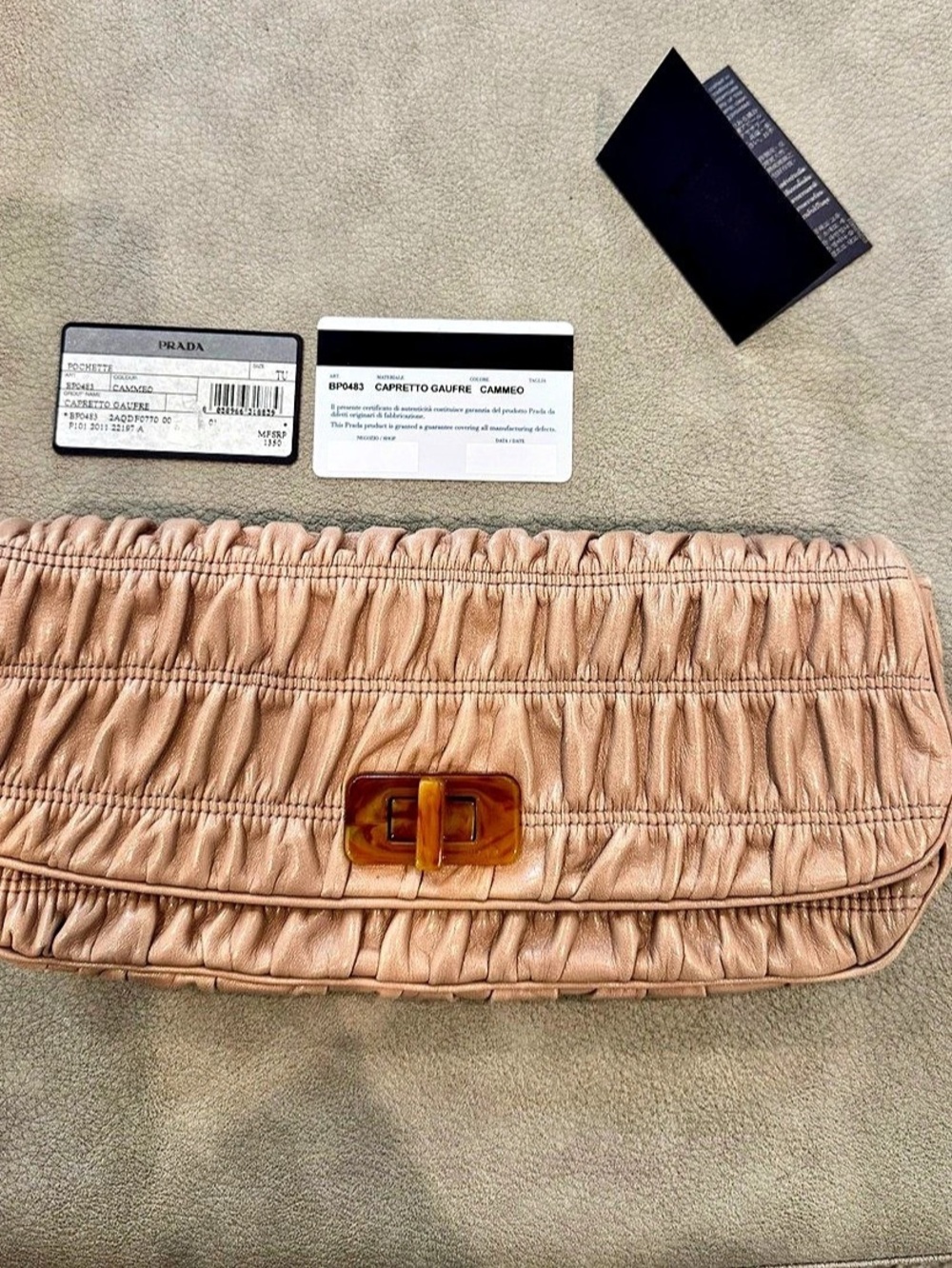 Prada Cappotto Gaufré Cammeo Ruched Leather Clutch in Pink